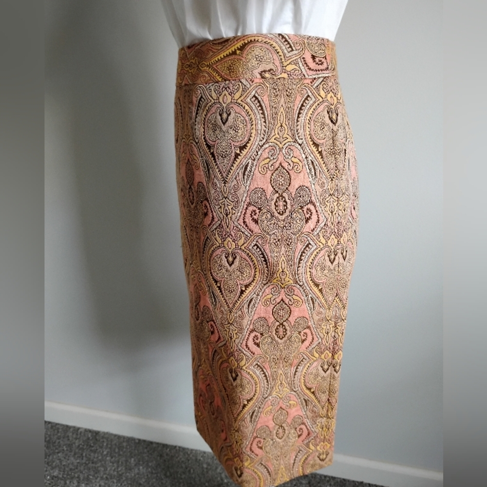 Talbots Cotton Silk Tapestry Brocade Pencil Skirt Pastel Pink Metallic Size 14P - Picture 8 of 16